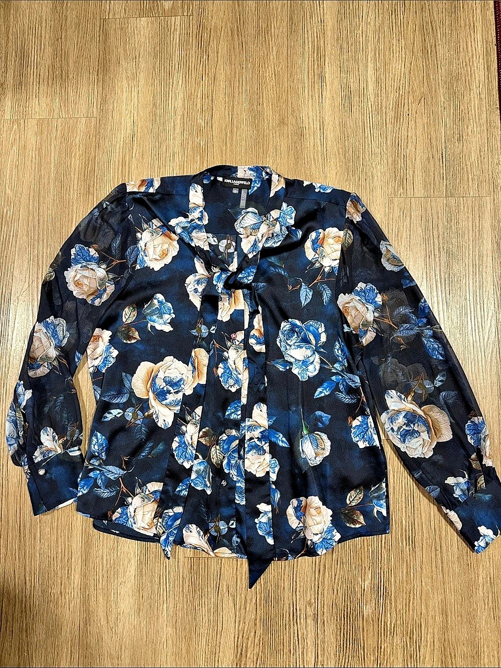 Karl Lagerfeld Floral Tie-Front Blouse in Blue & Black Size XL NWT